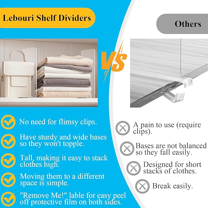 Shelf Dividers for Closet Organization: 10" Tall x 12" Deep Acrylic Closet Shelf Dividers for Clothes Sweater Purse - Free Standing Clear Separators for Shelves