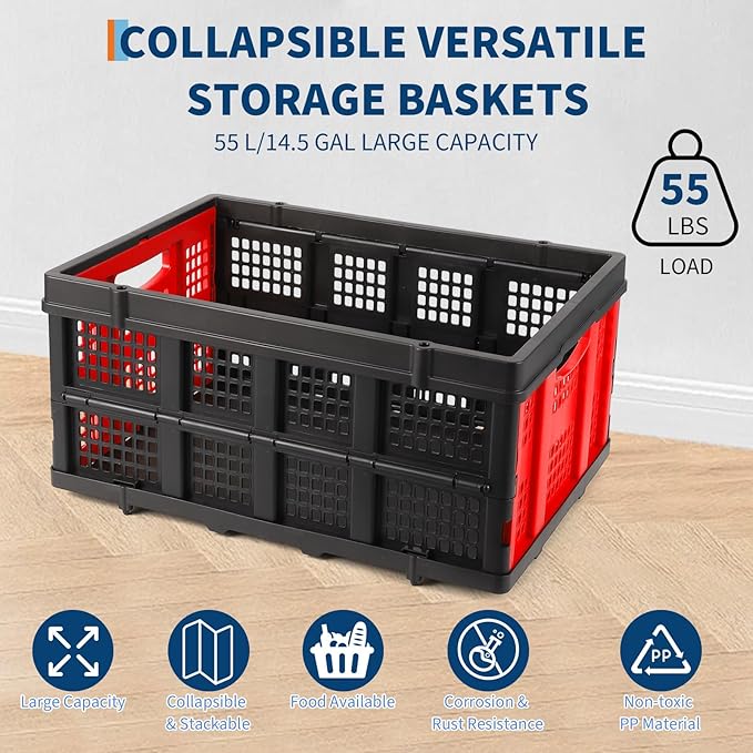55L Collapsible Crates for Storage,Stackable & Collapsible Milk Crates, Stackable Storage Baskets, Folding Storage Containers for Organizing Tools, Books, Food, Drinks, Camping & Transport