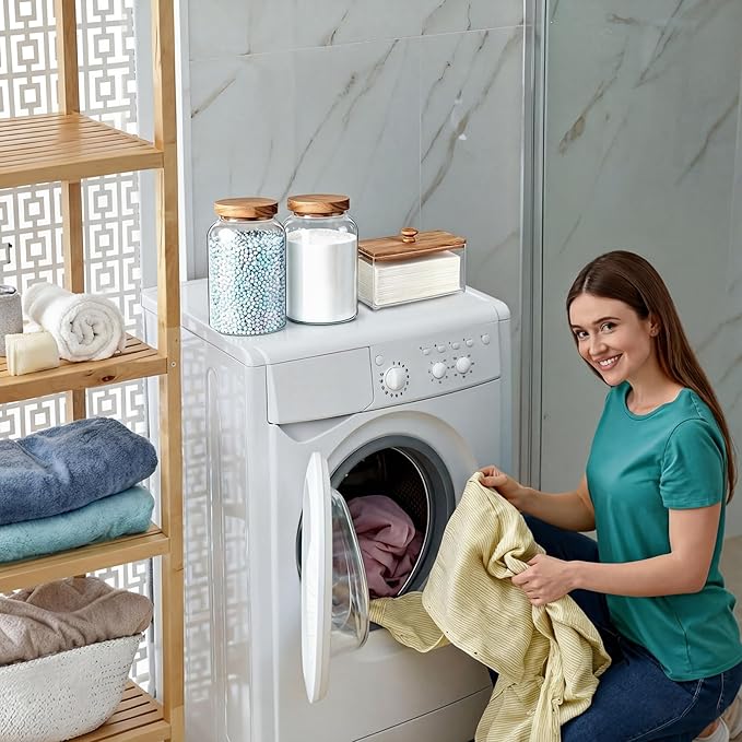 2 Half Gallon Glass Laundry Jars Set 1 Acrylic Dryer Sheet Holder Laundry Pods Container with Acacia Lid 2 Spoon for Powder Detergent Scent Beads Bath Bombs Salt Storage（No Label）