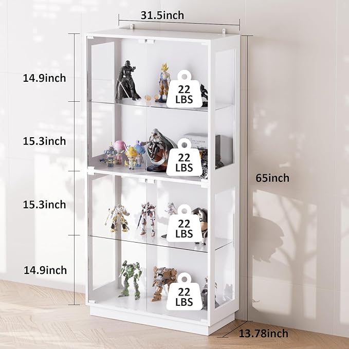 Display Cabinet with Glass Doors 4 Tier Glass Display Case with RGB LED Lights Display Cases for Collectibles Adjustable Shelves Display Case, for Game Room, Living Room, Bedroom, White