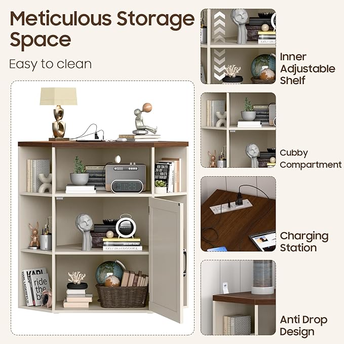 Vabches Corner Cabinet, Corner Storage Shelf with USB Ports and Outlets Industrial Organizer for Small Space Wooden 6-Cubby Bookshelf for Study, Playroom, Living Room (Off White)