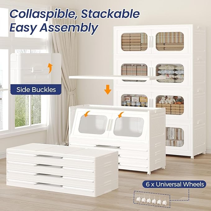 200GAL Extra Large Storage Bins with Lid, 800QT Storage Bins with Wheels, Folding Closet Organizer, Stackable Collapsible Plastic Storage Containers for Home, Office, Kitchen, 4Pack White