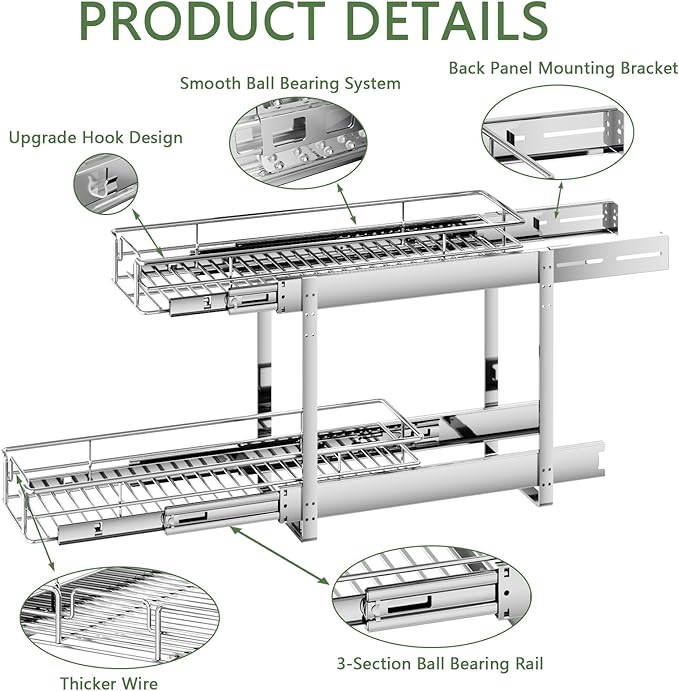 2 Tier Individual Pull Out Cabinet Organizer 5½" W x 21½" D, Heavy Duty Cabinet Pull Out Shelves, Slide Out Drawers Organization for Kitchen Cabinets Bathroom