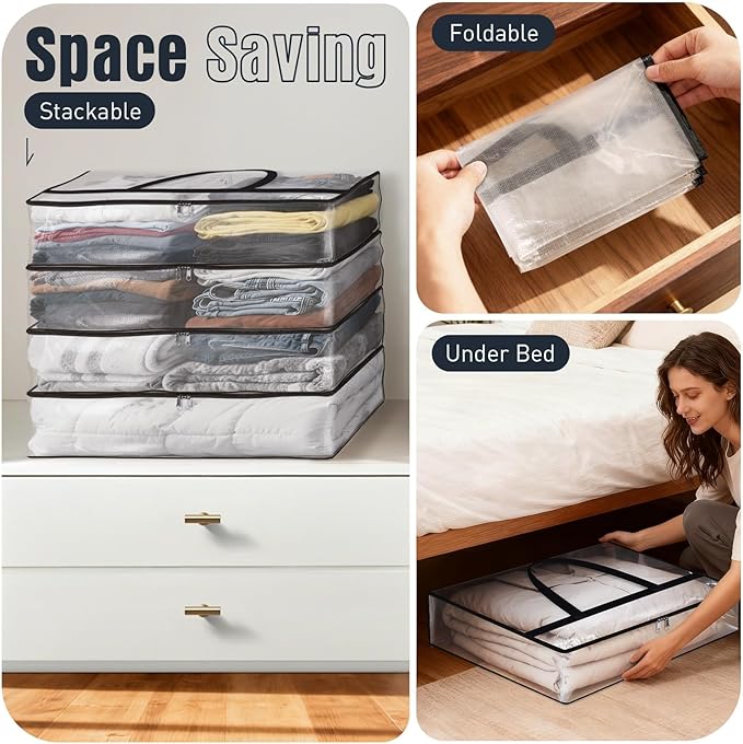 Clear Under Bed Storage Containers - 4 Pack Large Capacity Clothes Storage Bags with Lid & Sturdy Handles, Foldable Moving Bags, Clothing Organizer Totes for Bedding, Comforter, Sheet（60 L）