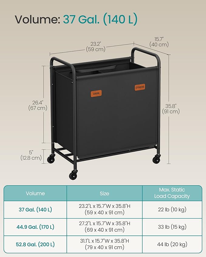 SONGMICS 2-Section Laundry Sorter, Laundry Hamper with Wheels, Rolling Clothes Hamper Cart with Large Capacity and Removable Bags, for Laundry Room, Bedroom, Bathroom, Ink Black URLS210B01