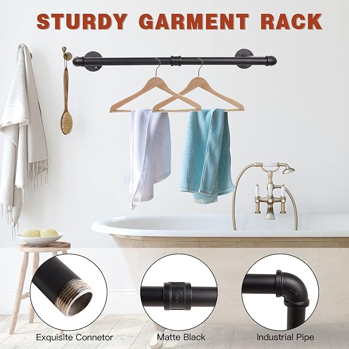 Wall Mounted Clothes Rack - 48" Clothing Garment Rack, Space-Saving Heavy Duty Detachable Iron Clothes Hanger Pole, Multi-Purpose Hanging Rod for Closet Storage