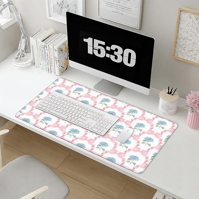Blue Hydrangea Large Mouse Pad 31.5x15.7inch, Trendy Coquette Pink Bow Flower Aesthetic Large Extended Computer Desk Mat Mousepad for Keyboard and Mouse, Preppy Desk Accessories