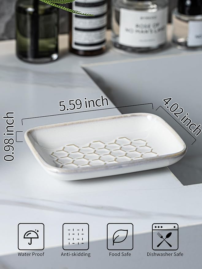 Gomakren Soap Dish for Shower, Bar Soap Holder, Christmas Ceramic Soap Dishes for Bar Soap, Sponge Holder Soap Saver Soap Tray for Bathroom Kitchen Sink, 5.5 Inch, Beige