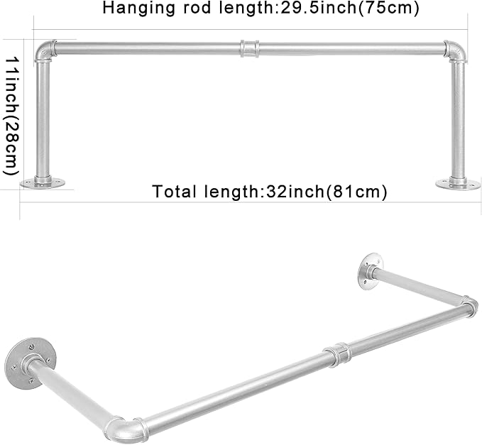 WEBI Industrial Pipe Clothing Rack,32" Wall Mounted Clothes Rack for Hanging Clothes,Heavy Duty Metal Garment Rack Bar Wall Mount Clothing Rod for Closet,Laundry Room,Silver,2 Packs