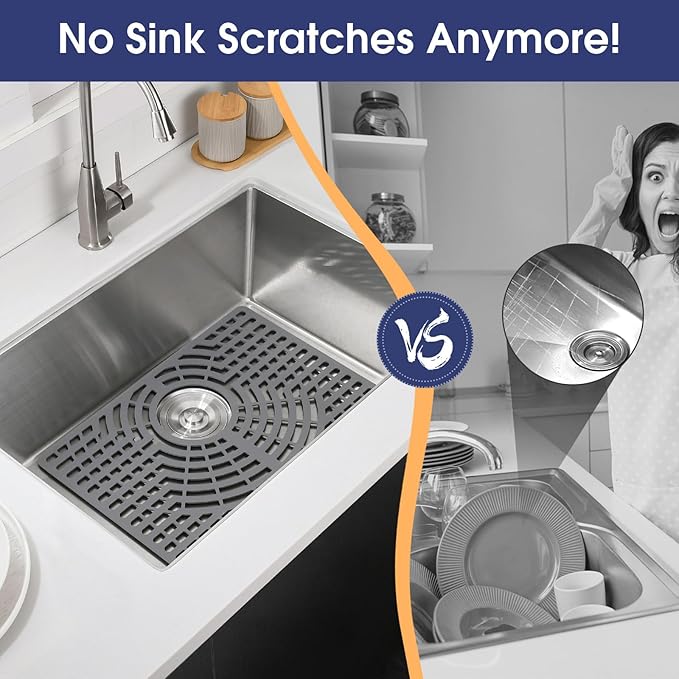 Silicone Sink Protector 19"x13" Rear Drain Hole, Heat Resistant Non-slip Dishwasher Suitable, Sink Mat for Bottom of Farmhouse Kitchen Stainless Steel Sinks(Grey)
