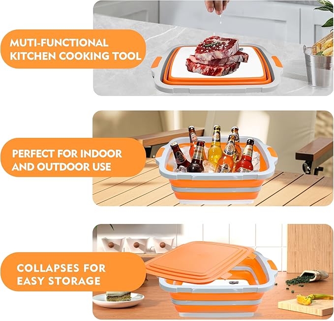 8L/16L BBQ Prep Tub with Cutting Board, Lid & Complimentary Mitts/Gloves – Collapsible Bucket for BBQ, Marinade, Picnic, Camping, Meat Prep – Orange/Black (Orange, X-Large Lid Lock)