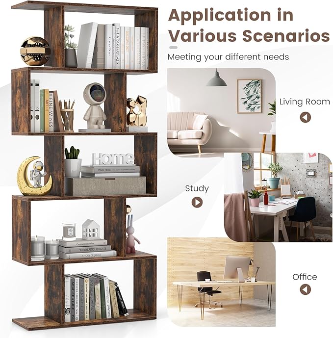 5-Tier Geometric Bookcase, 62.5” Freestanding Room Divider Bookshelf with Open Display Shelves & Anti-tip Device, Wood S-Shaped Storage Organizer for Living Room, Bedroom, Study & Home Office