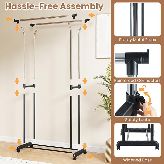 COSTWAY Double Rod Clothing Rack, Rolling Garment Rack with Shelf, Wheels, Adjustable Height Heavy Duty Metal Clothes Racks for Hanging Clothes for Dressing Room, Laundry, Living Room