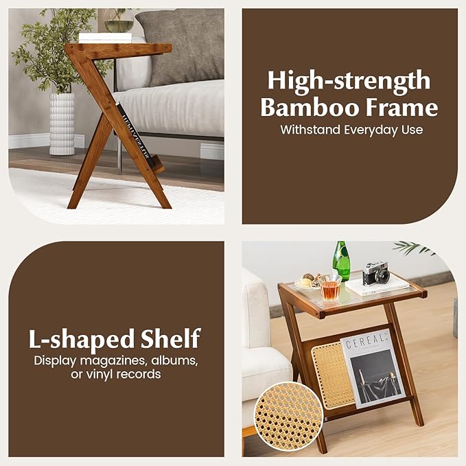 Giantex Rattan Side Table, Boho Nightstand with Glass Top & Magazine Rack, End Table with Storage, Bamboo Bedside Table for Small Space Living Room Bedroom (1, Walnut)