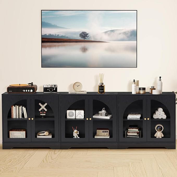 Mid-Century Modern Storage Cabinet with Door, 27" Short Floor Wood Sideboard Buffet Cabinet with Display Arched Acrylic Door & Adjustable Shelve for Bathroom, Living Room, Coofee Bar (Black)