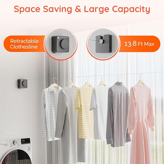 Retractable Clothesline Indoor, Non-Sagging Outdoors Clothesline Retracting, Heavy Duty Retractable Clothes Drying Laundry Line, Wall Mounted Stainless Steel Line - 13.8 Ft (Gray)