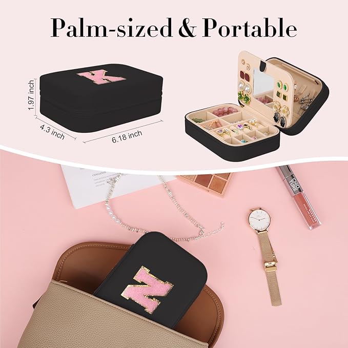 TopPerfekt Travel Jewelry Case, Jewelry Box with Mirror, Jewelry Organizer Bridal Shower Gifts to Her, Earring Storage Travel Case, Trendy Gift for Women and Girls, Girlfriend-Letter N, Black