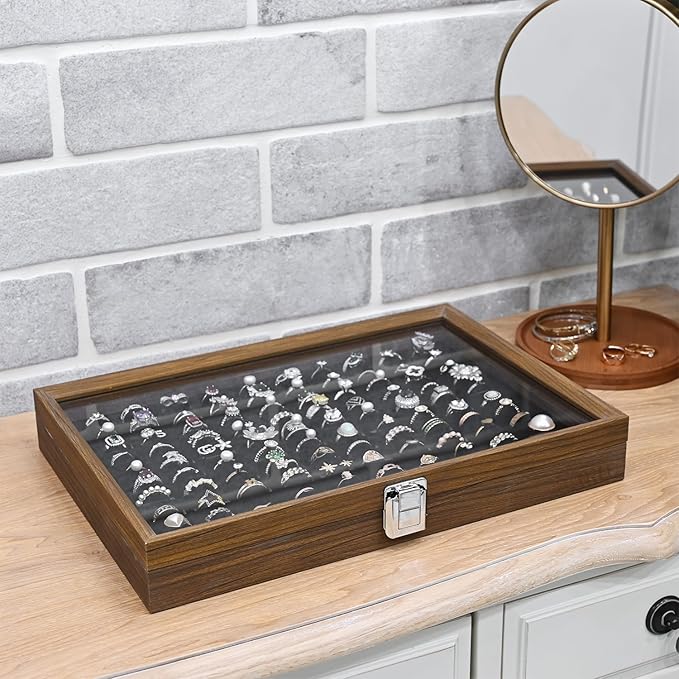 MOOCA Ring Box Jewelry Display Tray, Display Case Accessories Storage Box with Tempered Glass Hinge Lid, Black Lined Jewelry Tray for Rings, Walnut/Black Color, 14.1W x 10.2D x 2.1H in