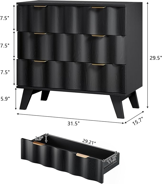 3 Drawer Dresser, Fluted Chest of Drawers with Handles for Closet, Large Nightstand with 3 Drawers Accent Cabinet for Bedroom, Living Room, Hallway (Black)