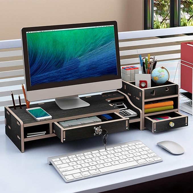 Monitor Stand Riser - Desktop Organizer with Practical Drawer, Wood Riser for Laptop Printer PC, Multi-Functional Shelf with Sturdy Build, Desk Accessory for Home Dorm Apartment, 19.21 Inch