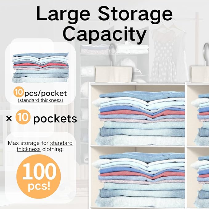 6 Shelves Hanging Closet Organizer – Foldable Dual-Row Hanging Clothes Storage with 3 Hooks, Space-Saving Closet Organizer and Storage for Sweater and Hats, Ideal for Dorms and Bedroom,White