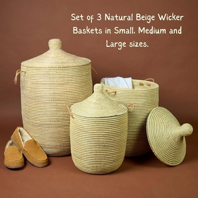 Tall Large Decorative Wicker Storage Basket with Lid, Laundry Hamper, Blanket Storage, Toys Bin, Clothes Holder, Boho Style (Beige)