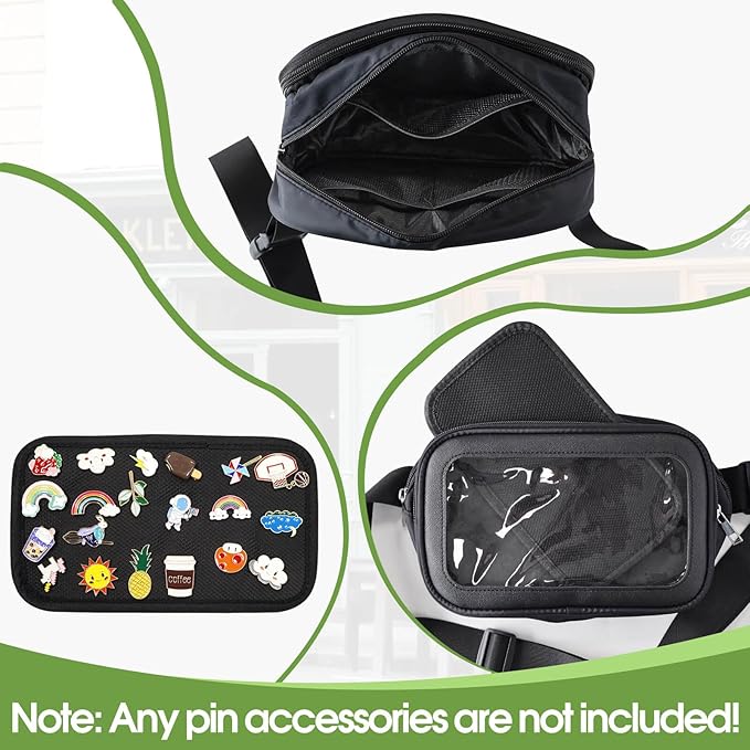 Pin Bag Fanny Pack, Ita Bag Storage Pins Crossbody Belt Bags for Women Girls Gifts, Black Display Bags for Sports Memorial Travel Brooches(No Pins Included)
