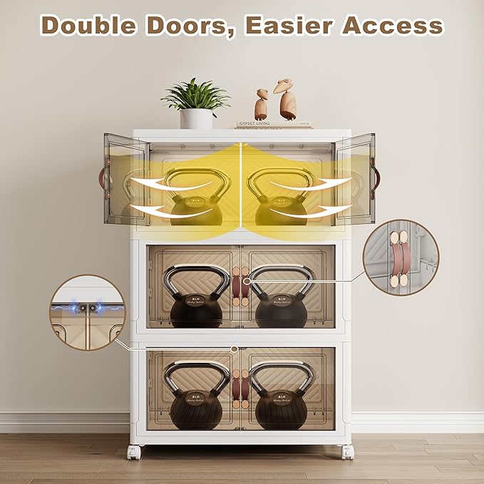 SAILUN 231QT Stackable Storage Bins with Lid, Collapsible Storage Bins With Doors and Wheels, Folding Plastic Cabinet Containers for Home Kitchen Closet Organization, 3 Pack