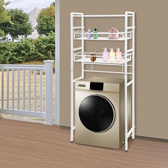Over Washer and Dryer Storage Shelves, 3-Tier Washing Machine Organizer Rack with Height Adjustable Shelf for Laundry Room Bathroom Garage, W27.8*D10.2*H62in, White