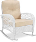 VIVIJASON Outdoor Wicker Rocking Chair, Patio Rattan Rocker Chair with Cushions & Steel Frame, All-Weather Rocking Lawn Furniture for Garden Backyard Porch (White Wicker/Beige)