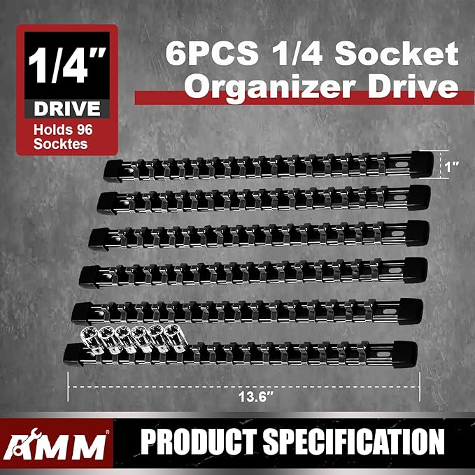 AMM 6-Piece Socket Organizer，1/4 inch Drive ABS Tools-Socket Holder，Heavy Duty Socket Racks，Premium Quality Socket Clip Rail Holder，The best tool trays in the garage