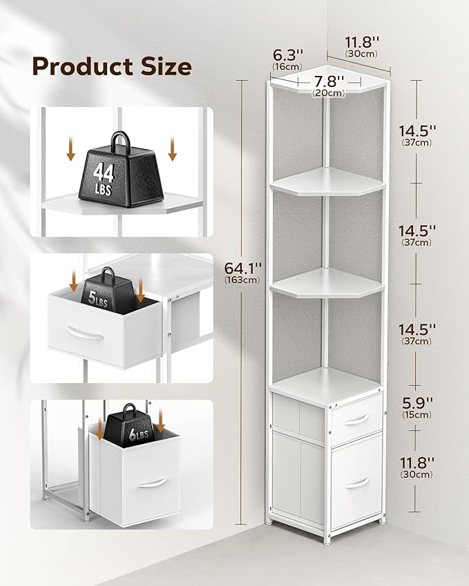Housolution Corner Shelf Stand with Storage, 63.8'' Tall 6-Tier Corner Bookshelf Includes 2 Fabric Drawers, Freestanding Corners Storage Shelf for Living Room Bedroom Kitchen Bathroom (White)