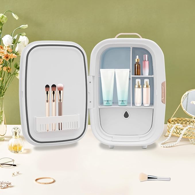Mini Skincare Fridge,12L Makeup Cosmetics Refrigerator Beauty Fridge for Cosmetic Storage Skincare Fridge Portable Small Refrigerator for Cosmetics, Skin Care (White, Without ED Light Mirror)