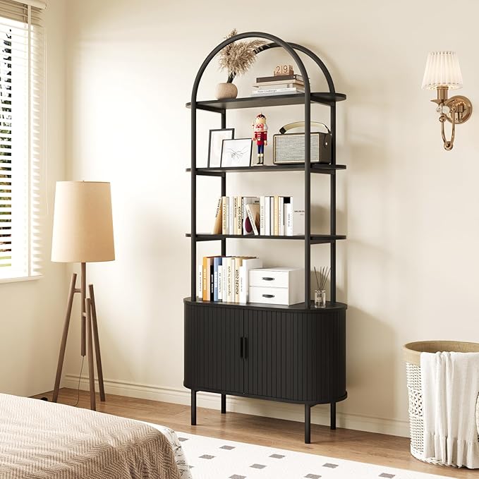 BREEZEHEAT 71" Tall Fluted Arched Bookshelf, Modern Bookshelf with Sliding Tambour Doors, 4-Tier Storage Shelf, and Metal Frame, Curved Cabinet for Living Room, Home Office, Bedroom, Black