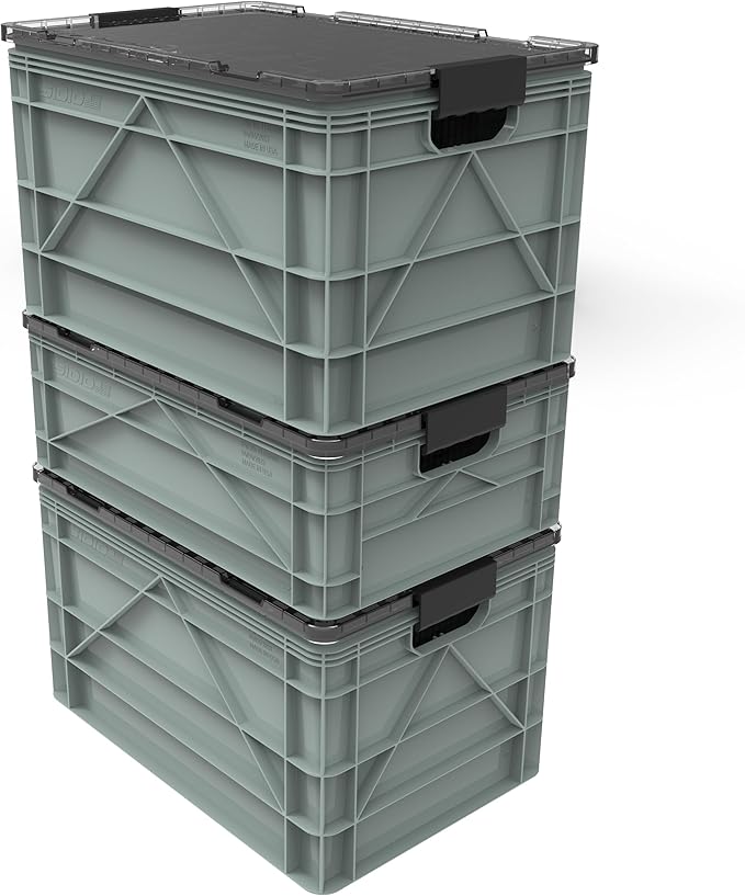SIDIO CRATE Pro Pack - Two Full Size and One Half Size Heavy Duty Stackable Storage Bins, Totes and Containers with Lids and Dividers - Durable Organizer for Home, Office, Garage, and Outdoor Use