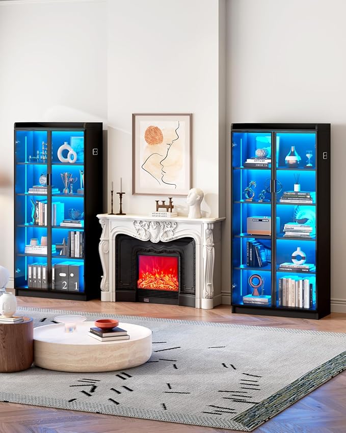 Display Cabinet with Glass Doors and Shelves, 65" Tall Curio Cabinet with LED Lights/Human Sensor, 5 Tier Display Case for Collectibles Bedroom Living Room Office, Black