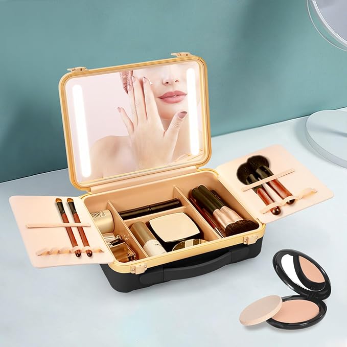 Portable Makeup Box, 11.42 * 3.54 * 8.66 In Travel Makeup Train Cases Cosmetic Organizer Portable Make Up Storage Box with Led Mirror for Makeup Artists Hair Stylists Nail Technicians (Black)