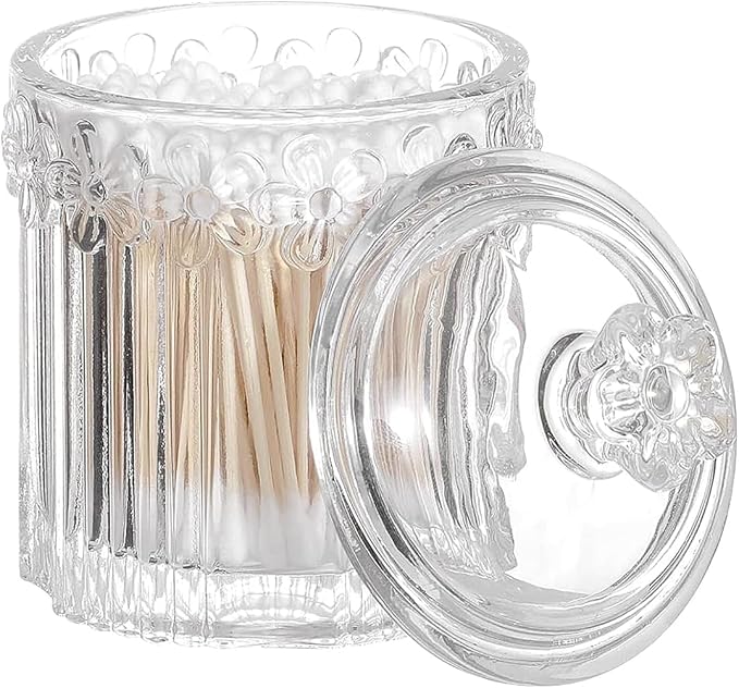 Qtip Cotton Ball Hair Ties Candy Holder Makeup Storage Bathroom Accessories Organizer Thick Glass Apothecary Jars with Lid, 2pcs (Clear)