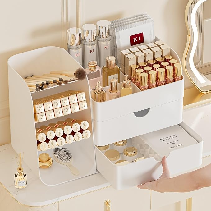 Makeup Organizer with Brush Holder for Vanity,Countertop Makeup Organizer with Drawers,Spacious Cosmetic Display Case,Perfect Storage Solution for Your Beauty Essential (Green, Large)