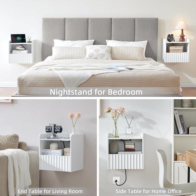 Modern Fluted Floating Nightstand Wall Mounted Set of 2- Bedside Table with Storage Drawer & Display Shelf, Minimalist Bedroom Furniture for Studio Apartments (Matte White)