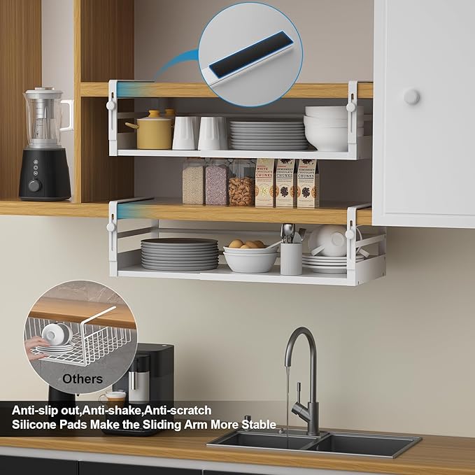 2Pack Under Shelf Basket Organizer, Adjustable Under Cabinet Shelf Storage, Hanging Holder Length Stretchable 13-21Inch for Kitchen Pantry Desk Counter Bookshelf Cupboard (White)