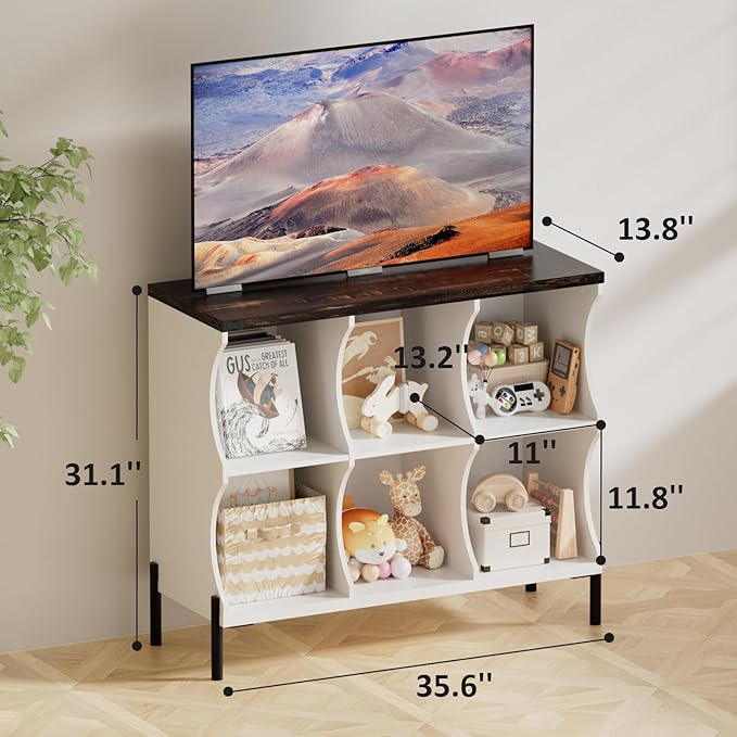 6 Cube Storage Shelf Organizer, Low Book Shelf Bookcase Entryway Table, Wood Closet Storage Display Cabinet TV Stand for Living Room, Office,Bedroom, Dorm, White with Dark Brown Top