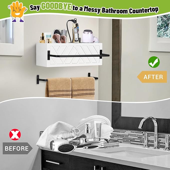 Hair Tool Organizer Wall Mount, Hair Dryer Holder with 2 Towel Bars, Wood Hot Tools Organizer, Rustic Bathroom Organizer Blow Dryer Holder for Bathroom Decor, Flat Iron, Curling Wand, Brushes(White)