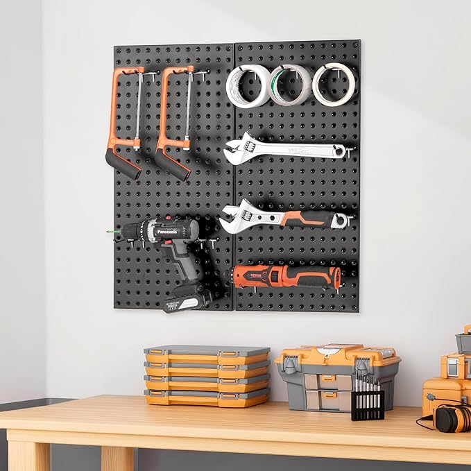 VEVOR Metal Pegboard Panels, 24" x 12" Pegboard, 2 Panels, Heavy Duty Peg Board Wall Organizer with Accessories, for Living Room Garage Tool Storage Office Organization Craft Room Kitchen Home, Black