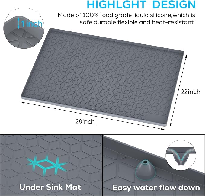Under Sink Mat, 28"x22" Under Sink Mats for Kitchen, Silicone Waterproof Under Sink Liner, Sink Cabinet Organizer Tray with Drain Hole