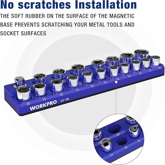 WORKPRO Magnetic Socket Organizer, 1/2-Inch Metric Socket Holder, Socket Trays Holds 19 Pieces Standard Size and Deep Size Sockets(Sockets not Included)