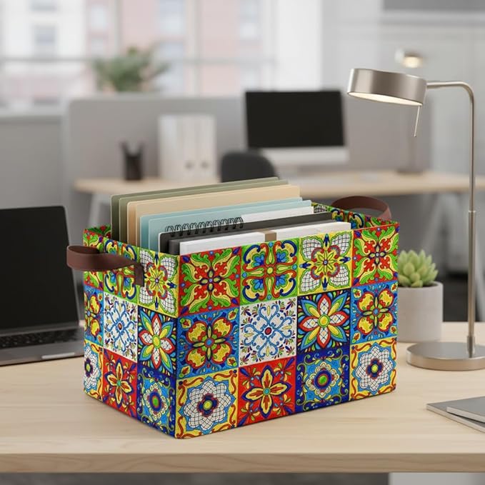 Mexican Talavera Decoration Storage Basket Waterproof Canvas Toy Storage Bin Collapsible Outdoor Basket with Leather Handles Mexican Talavera Decor Blanket Baskets For Closets,Bedrooms,Gifts Baskets