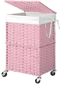 Chrislley 90L Slim Laundry Hamper with Wheels, Rolling Laundry Basket with Lid and Renovable Liner Bag, Handwoven Rattan Organizer for bedroom, bathroom, laundry room (Pink)