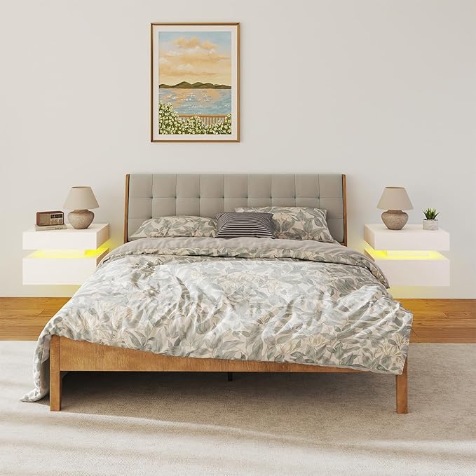 Floating Nightstand Set of 2, Wall Mounted Night Stand with Led Lights, Modern Bedside Tables with Drawers for Bedroom, Easy Assembly
