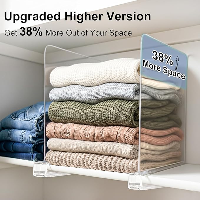 Shelf Dividers Purse Organizer for Closet: 11-inch Tall(Higher Version) Acrylic Sweater Organizer - Upgraded Extra Height for Large Handbags, Totes, Clothes, Towels on Wood Shelves 6-Pack